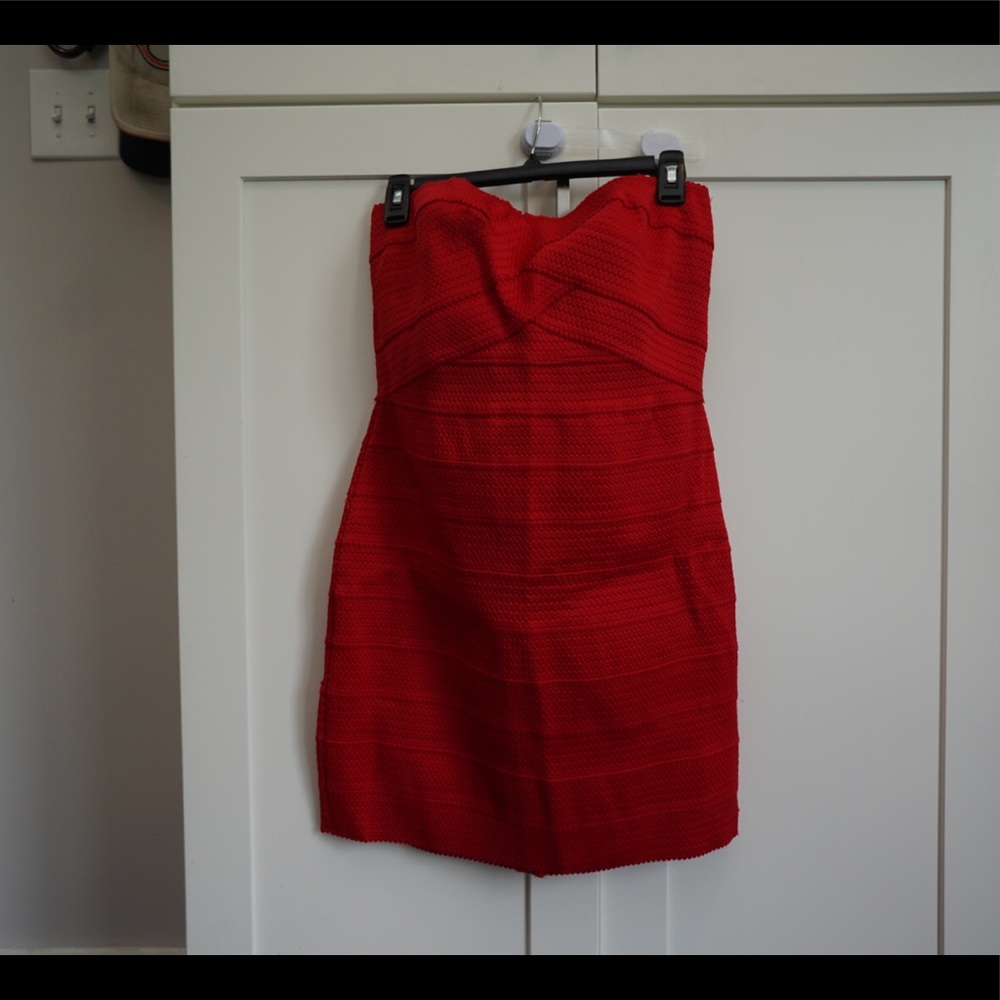 Express red textured strapless dress
